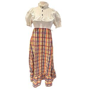Vintage Duchess Jr. Prairie Style White Blouse & Plaid Maxi Dress